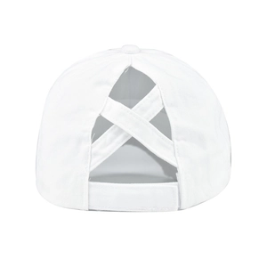 Vue arrière du ponycap blanc croisé montrant le coton sergé et la sangle velcro