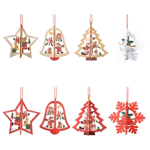 Set of 8 3D laser-cut wooden Christmas ornaments with star, bell, and snowflake designs