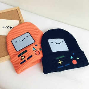 Detailed embroidery of a retro game console interface on a knitted camouflage balaclava