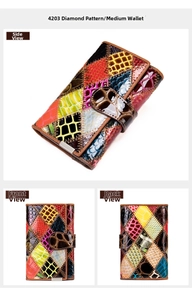 Trois vues d'un portefeuille moyen en cuir avec patchwork coloré texture crocodile
