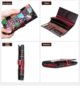Détails du portefeuille en cuir multicolore avec textures gaufrées et fentes pour cartes