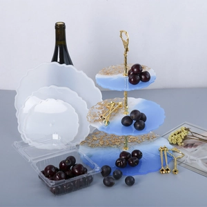 Three-tier wavy resin cake stand mold kit with gold metal hardware and finished trays