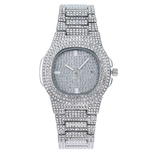 Luxury silver-toned quartz watch for women with full crystal setting and date display