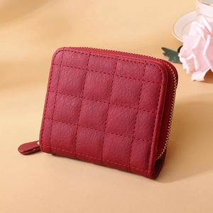 Quilted red leather mini wallet for women with gold zipper and elegant litchi texture