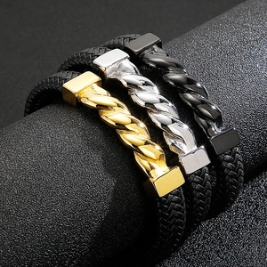 Men's woven leather bracelet set with gold, silver, and black stainless steel accents