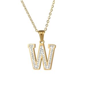 18k gold plated stainless steel letter W pendant necklace with sparkling rhinestones