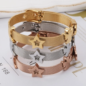 Adjustable stainless steel mesh bracelets in gold, silver, and rose gold with star charms