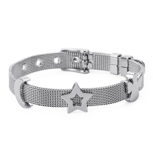 Adjustable silver stainless steel mesh bracelet with moon and star charms on white background