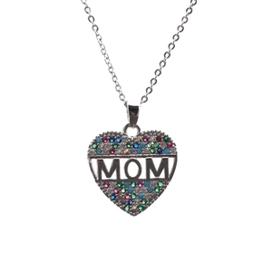 Detail of MOM heart pendant necklace with colorful micro-pave cubic zirconia stones