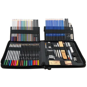 Macro view of professional drawing kit showing colored pencils and sketching accessories
