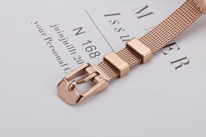 Macro della chiusura del cinturino a maglia oro rosa e trama in acciaio inossidabile