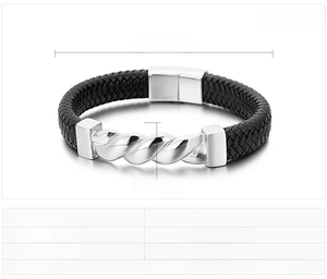 Detail view of woven leather bracelet for men with steel magnetic clasp and dimensions