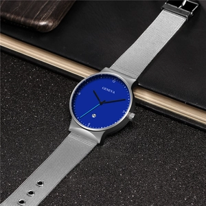 Detail of Geneva men's business watch with blue dial and silver mesh steel strap
