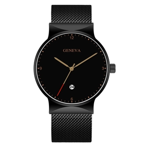 Close-up of minimalist black quartz watch with mesh strap and circular date display