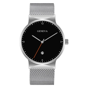 Detail of Geneva quartz watch featuring a black dial with date window and mesh band