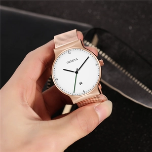 Men's fashion alloy mesh band quartz watch with a large white dial and calendar window