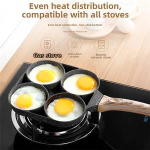 Four-hole non-stick fried egg pan with medical stone coating and wood-patterned handle