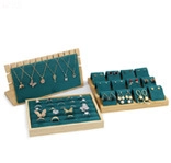 Three-piece jewelry display set with dark green velvet and bamboo wood base organizers