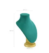 Teal velvet necklace bust display with gold base, dimensions 20x34x11cm