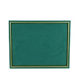 Detail shot of rectangular dark green jewelry display pad with elegant gold borders