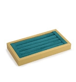 Bamboo wood jewelry tray with cyan velvet slots for ring and earring display