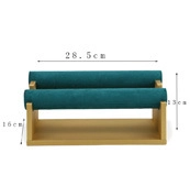 Bamboo wood jewelry stand with cyan velvet surface showing detailed size 28.5x16x13cm