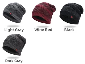 Detailed view of thick knit beanies with warm fleece lining in four assorted colors
