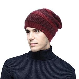 Men's winter knit beanie in red and black honeycomb pattern with warm fleece lining