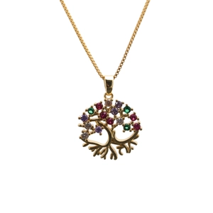 Golden Tree of Life necklace with colorful zircon stones on a white background