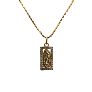 Gold Mariana Goddess rectangular pendant necklace with sparkling crystal halo inlay