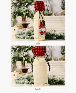 Linen Christmas wine bottle bag with festive gnome truck print showing side and back views