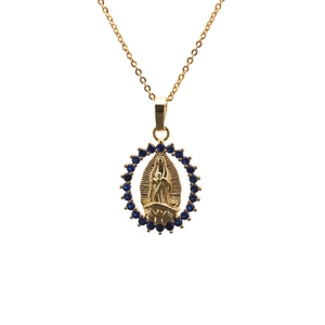 Gold plated necklace with Virgin Mary oval pendant and blue cubic zirconia border