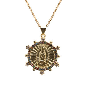 Gold plated Virgin Mary pendant necklace with colorful cubic zirconia halo sunburst design