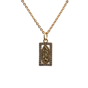 Gold-plated rectangular Virgin Mary pendant necklace with shimmering zircon micro-inlay