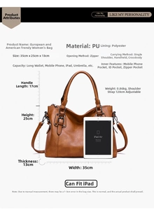 Detailed size chart of the brown PU leather handbag with internal storage features