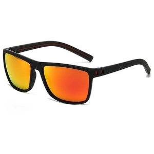 Polarized sports sunglasses with black textured frame and orange mirrored lenses