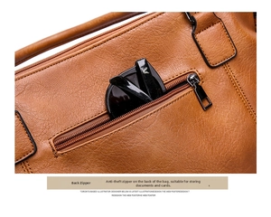 Close-up of the anti-theft back zipper pocket on a brown litchi pattern leather handbag