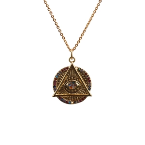 Collana Occhio del Male dorata con zirconi multicolore mostrata in vista frontale