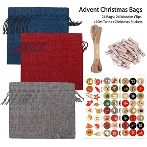 24-day Christmas advent calendar set with linen drawstring bags, clips and twine