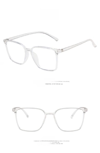 Close-up of transparent white square eyeglass frames with side and front view details