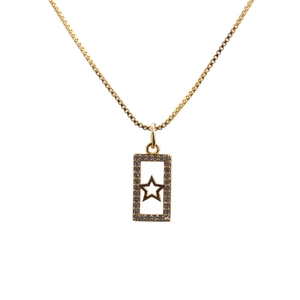 Detail of gold box chain necklace with star motif and micro-pave zircon rectangular pendant