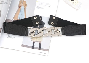 Ceinture noire élastique pour femme avec boucle chaîne en métal argenté et bouton-pression