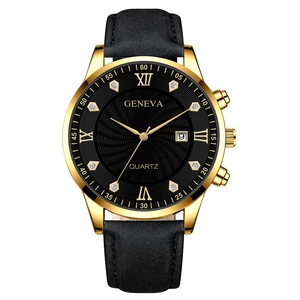 Gros plan sur la montre à quartz Geneva pour hommes avec cadran noir et dateur