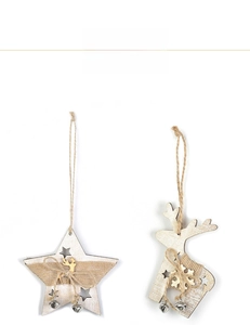 Wooden Christmas hanging ornaments detail, star and reindeer design with bells and burlap bow.