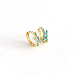 Minimalist gold S925 sterling silver hoop earrings with turquoise beads on white background