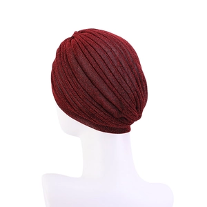 Ethnic burgundy turban hat with sparkling metallic lurex and pleated texture for women