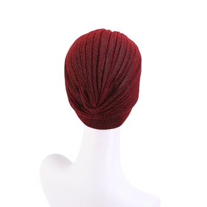Ethnic deep red glitter turban hat with metallic sheen and pleated design for women