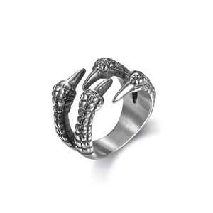 Gothic vintage silver stainless steel dragon claw open ring for men in retro style