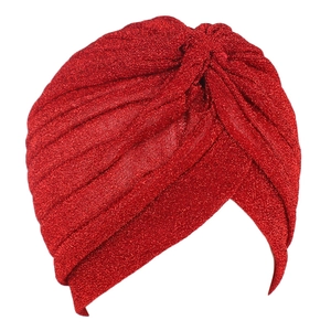 Detail view of the red glitter turban hat featuring a stylish cross-knot pleated design
