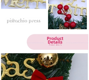 Detail of Christmas wreath with golden Merry sign, red berries and festive bows